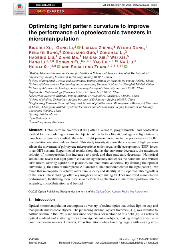 Optimizing light pattern curvature to improve the performance of optoelectronic tweezers in micromanipulation